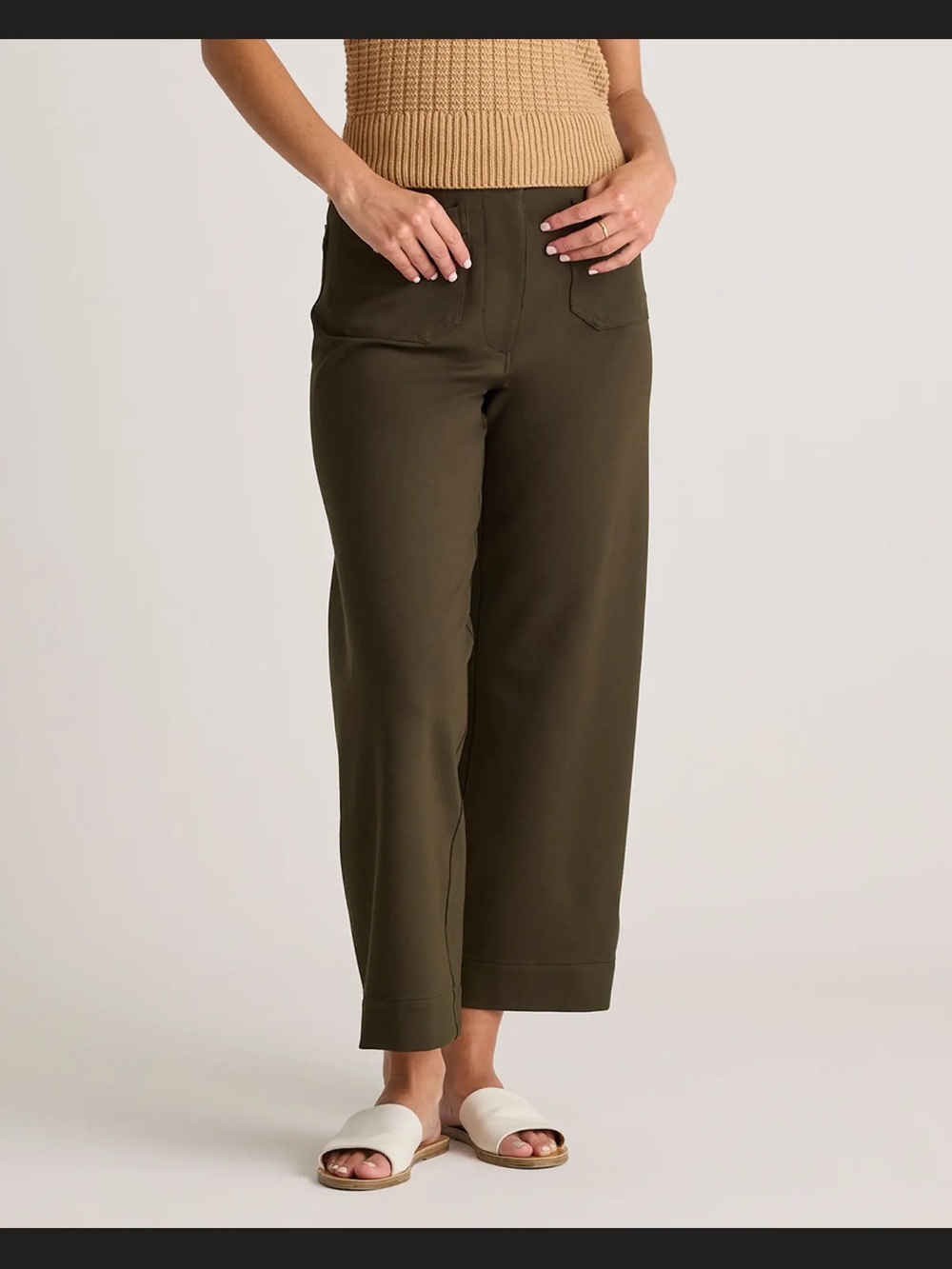 Quince Ultra-Stretch Ponte Cropped Olive Wide Leg Pants 14 - Short